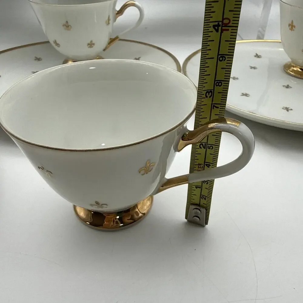 Set Of 7 (50-60's) Fleur de Lis Snack Set Gold & White -Plates & Tea/Coffee Cups